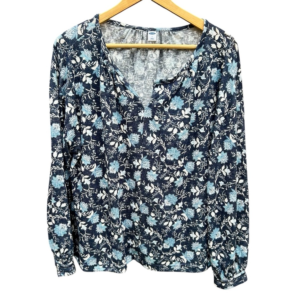 Old Navy Shirt Over-Sized Split Neck Crochet Trim Women’s Blue Floral Top Blouse